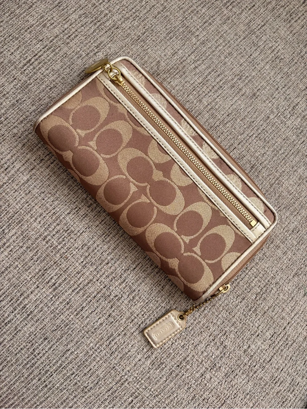 Coach Brown and Tan Signature Zip Wallet